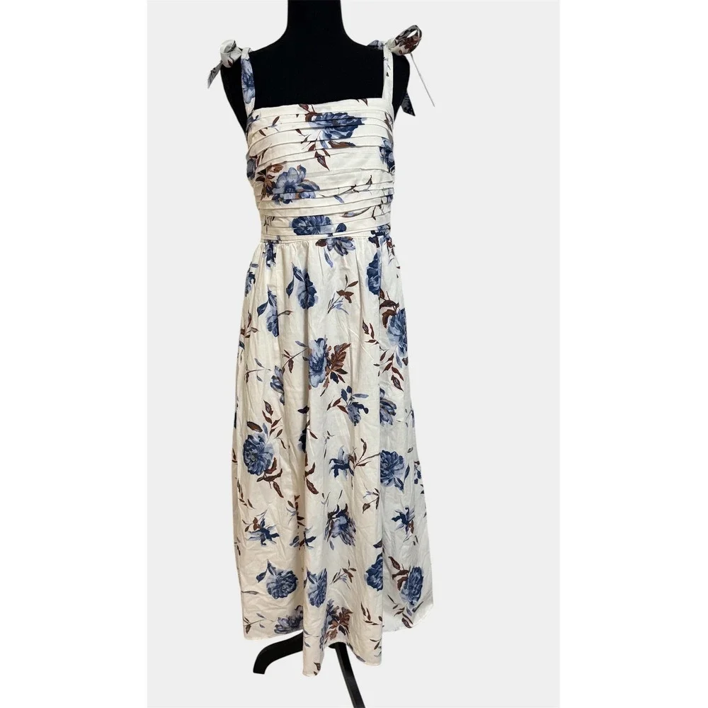 Abercrombie & Fitch Floral‎ Midi Dress Womens S White Blue Excellent Tie Strap
